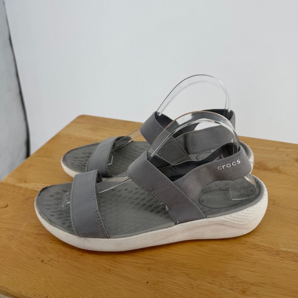Crocs LiteRide Stretch Sandal Womens Size 9 Grey White Strappy Comfort Casual